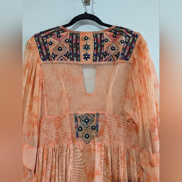 Free People Market Place Beaded Orange Sorbet Waist Tie Maxi Top XS Coral - Picture 12 of 16